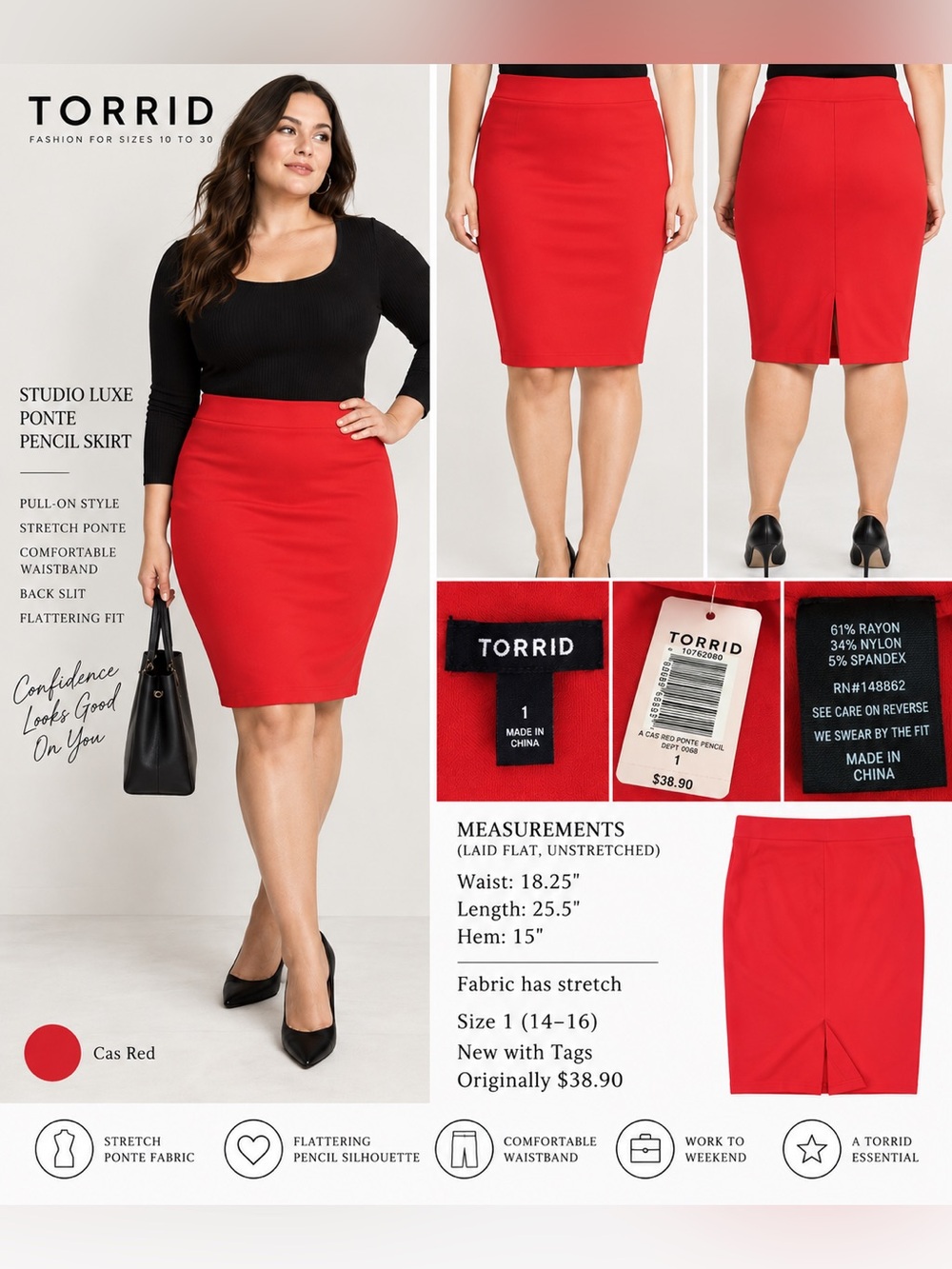 Torrid Studio Luxe Ponte Pencil Skirt • Size 1 (14–16) • Cas Red • NWT